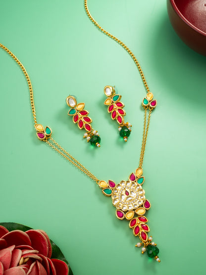 Aadita Leaf Pattern Kundan Necklace Set with Green Bead Drops