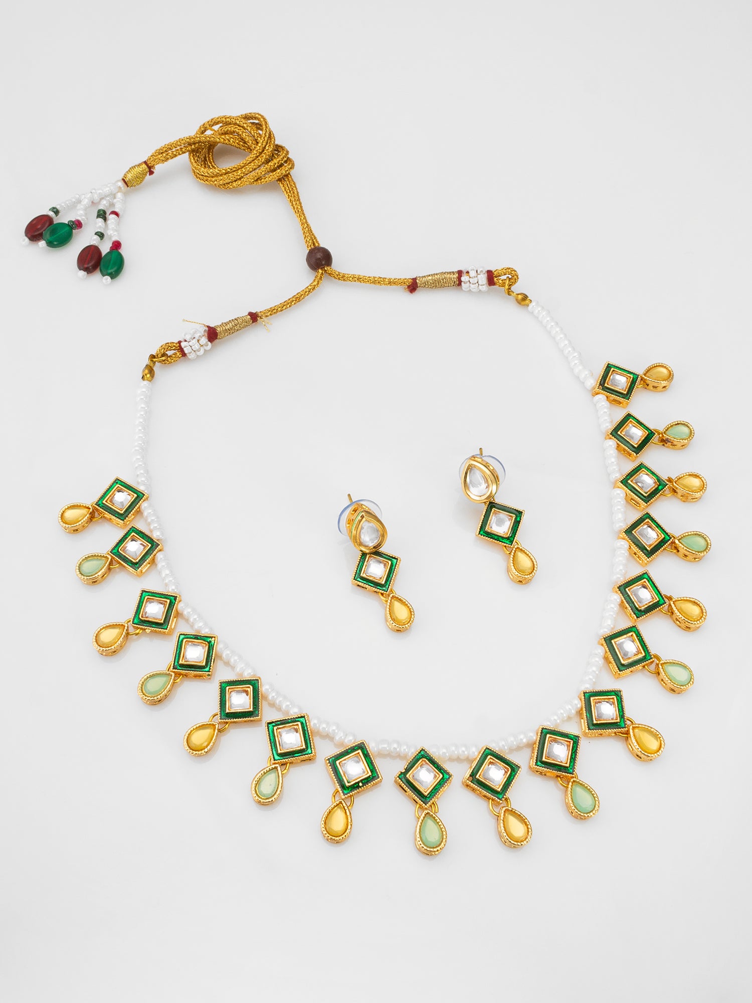 Aadita Pearl Necklace with Green Square Kundan and Yellow Drops