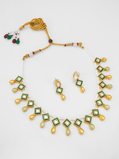 Aadita Pearl Necklace with Green Square Kundan and Yellow Drops