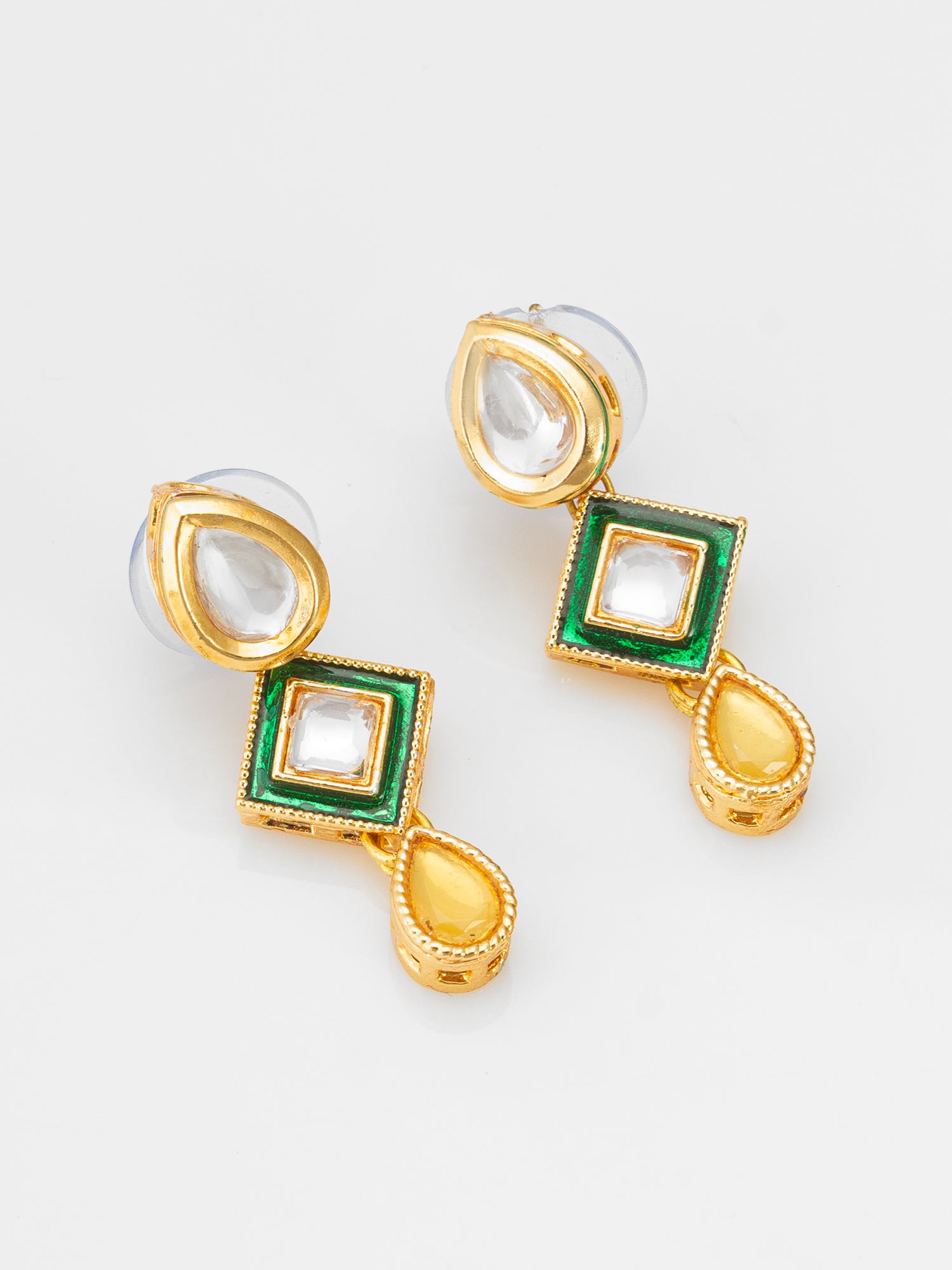 Aadita Pearl Necklace with Green Square Kundan and Yellow Drops
