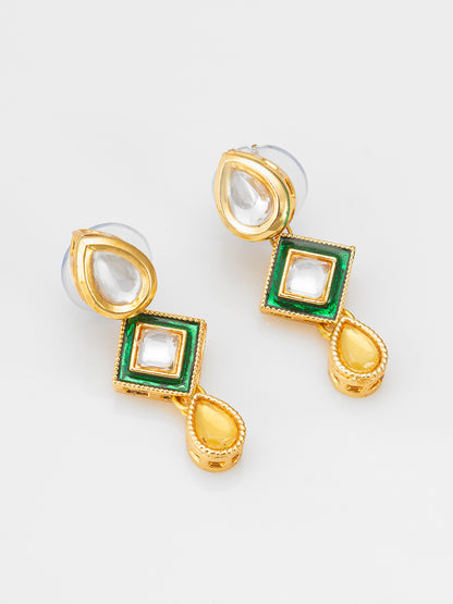 Aadita Pearl Necklace with Green Square Kundan and Yellow Drops