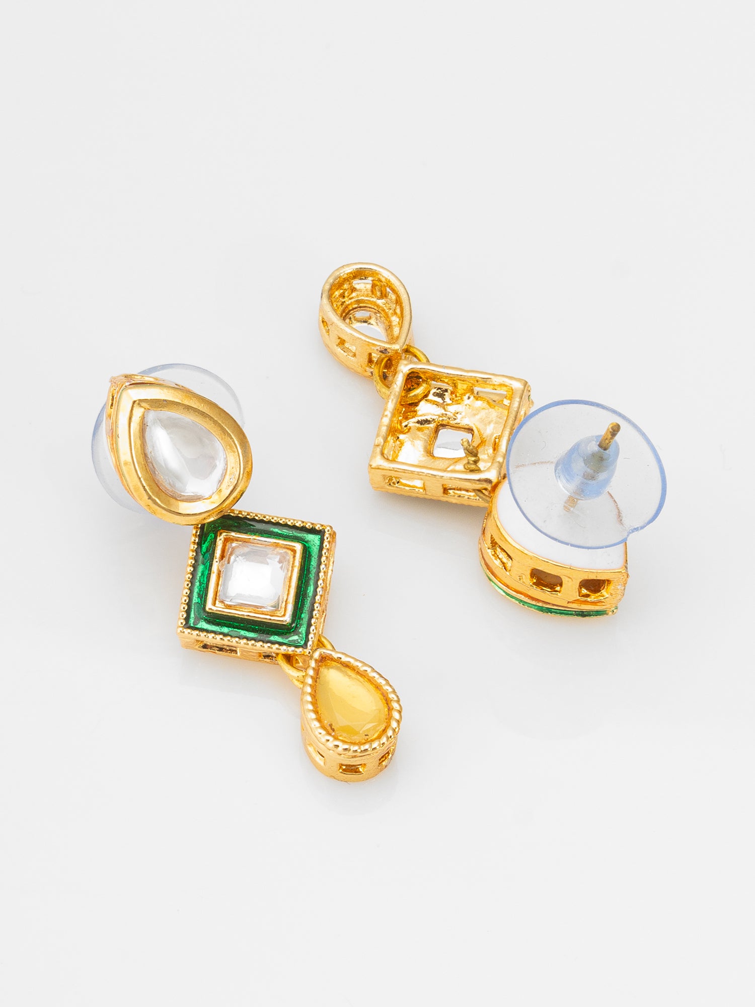 Aadita Pearl Necklace with Green Square Kundan and Yellow Drops