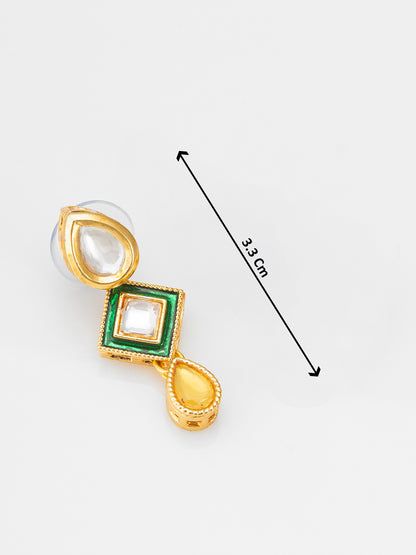 Aadita Pearl Necklace with Green Square Kundan and Yellow Drops