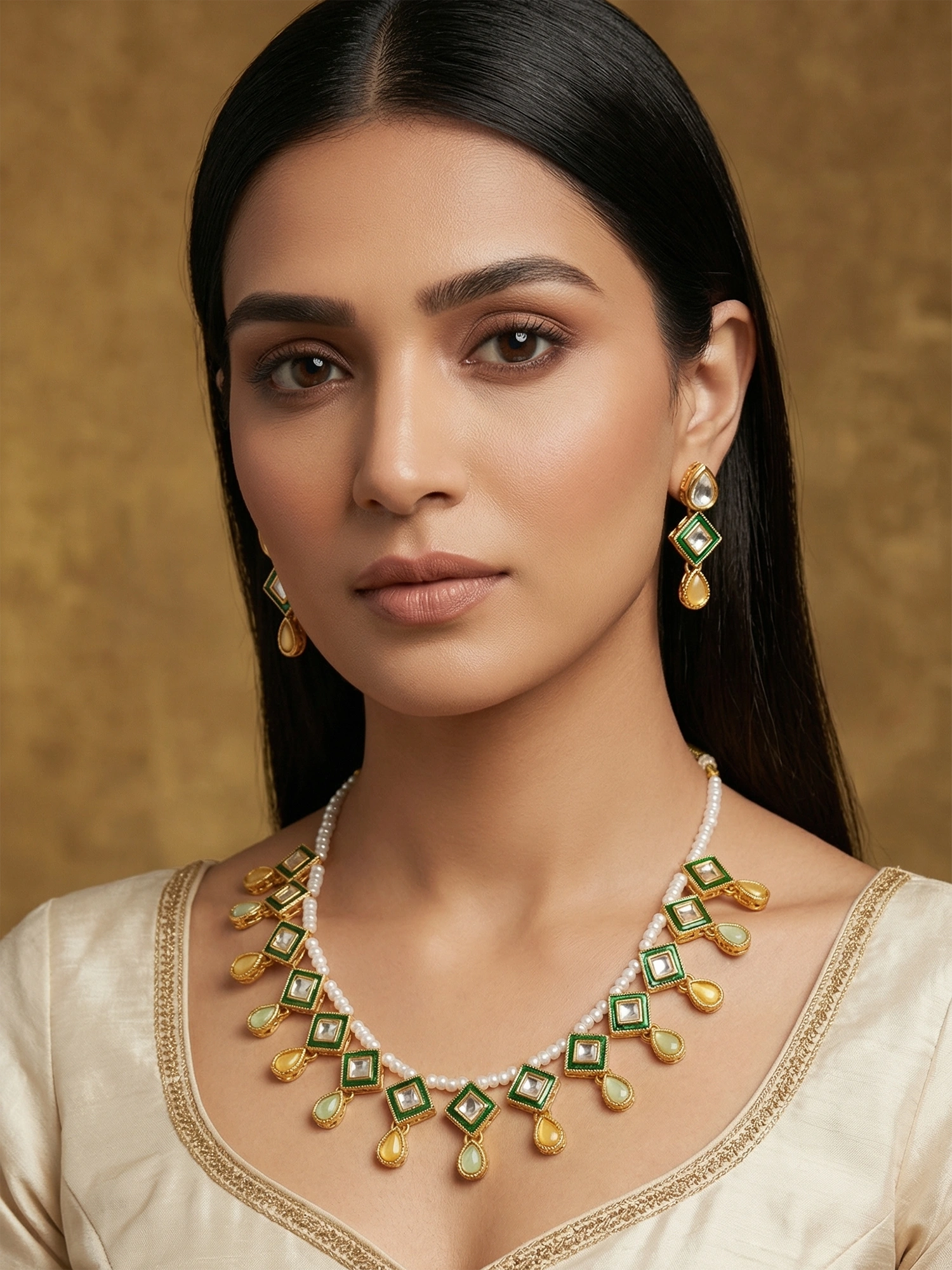 Aadita Pearl Necklace with Green Square Kundan and Yellow Drops