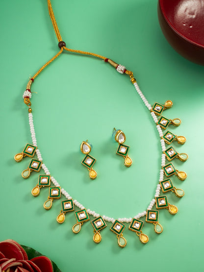 Aadita Pearl Necklace with Green Square Kundan and Yellow Drops