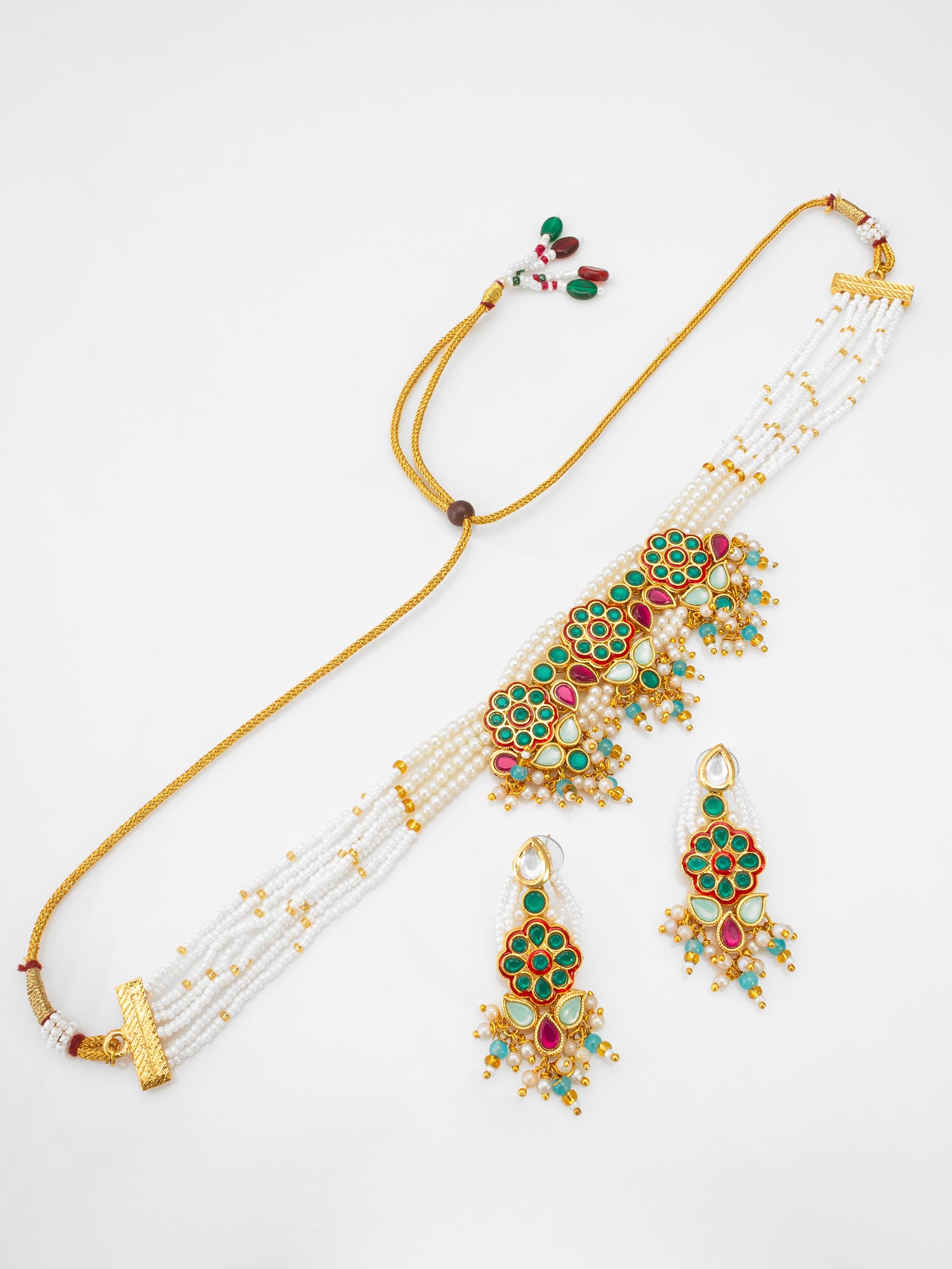 Aadita Multistrand Pearl Choker Set with Multi-Color Kundan Work