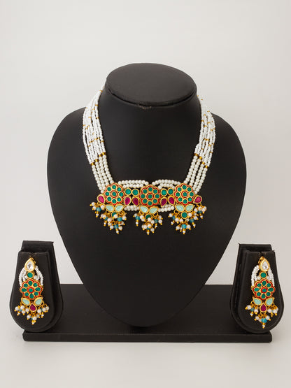 Aadita Multistrand Pearl Choker Set with Multi-Color Kundan Work