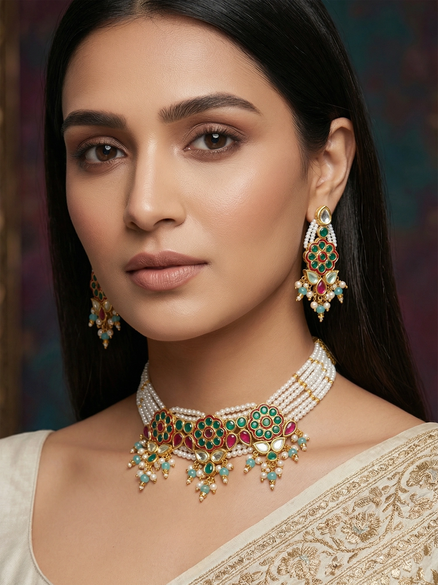 Aadita Multistrand Pearl Choker Set with Multi-Color Kundan Work