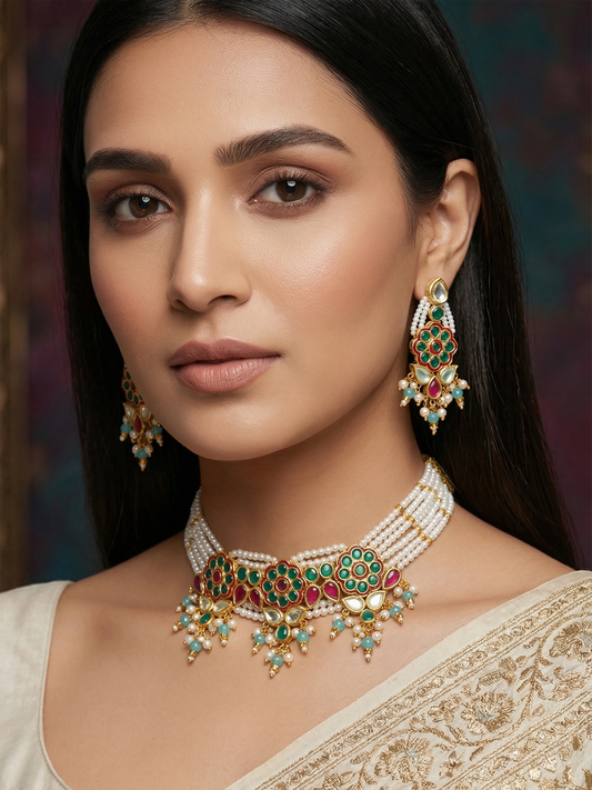 Aadita Multistrand Pearl Choker Set with Multi-Color Kundan Work