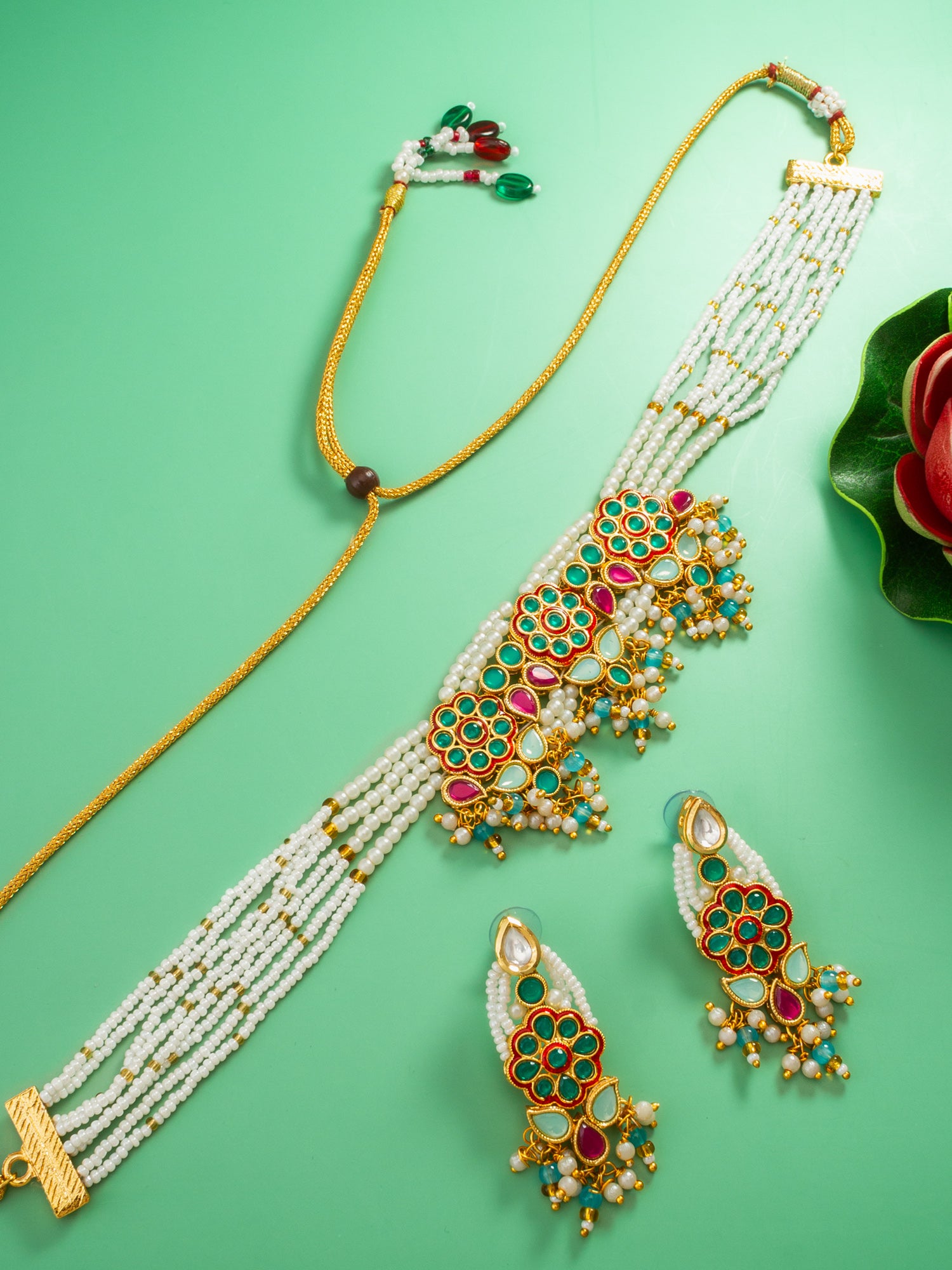 Aadita Multistrand Pearl Choker Set with Multi-Color Kundan Work