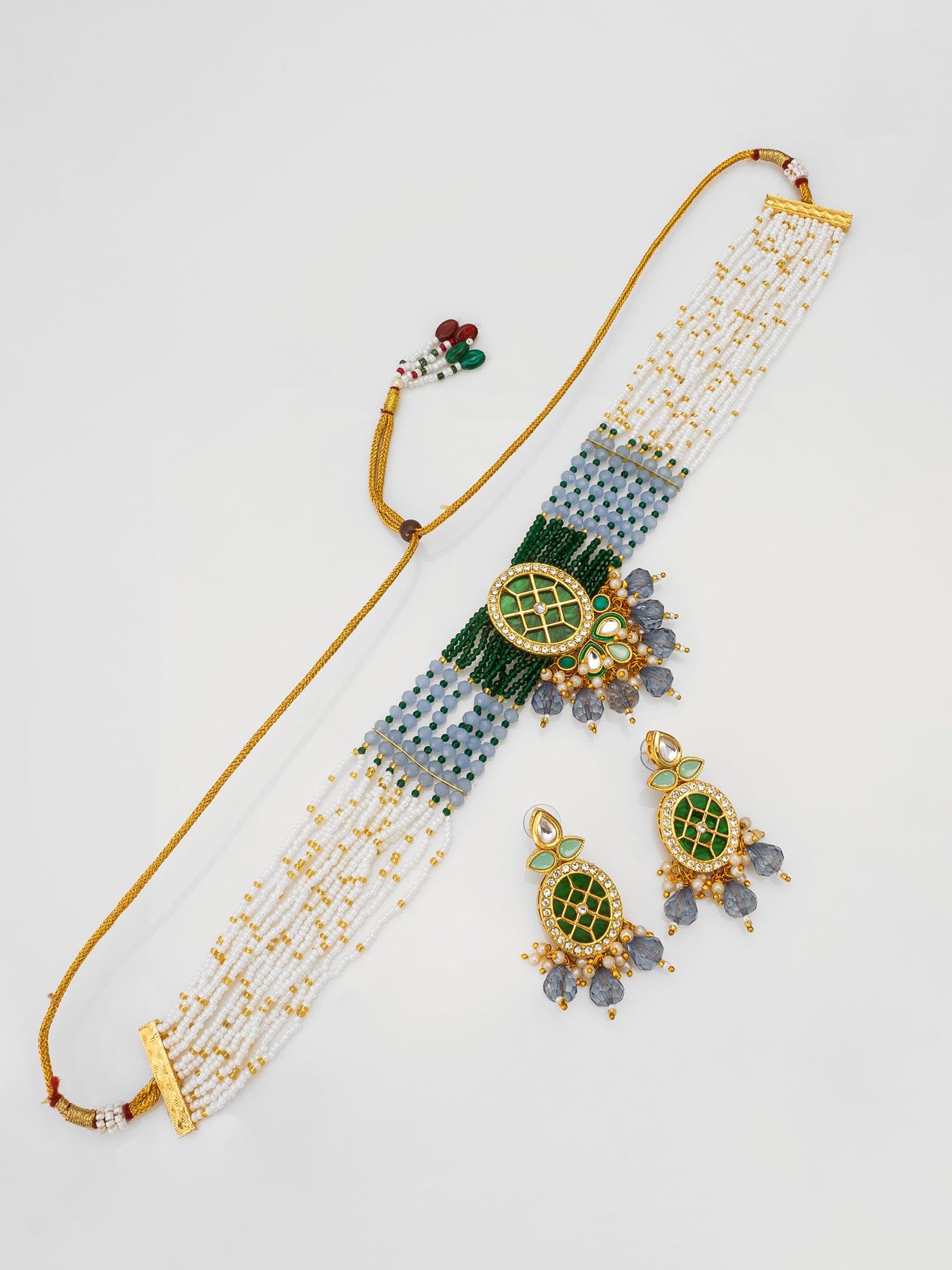 Aadita Kundan Choker Necklace Set with Green Meenakari Pendant and Grey Crystal Drops