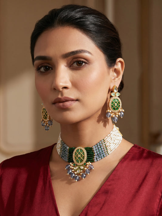 Aadita Kundan Choker Necklace Set with Green Meenakari Pendant and Grey Crystal Drops