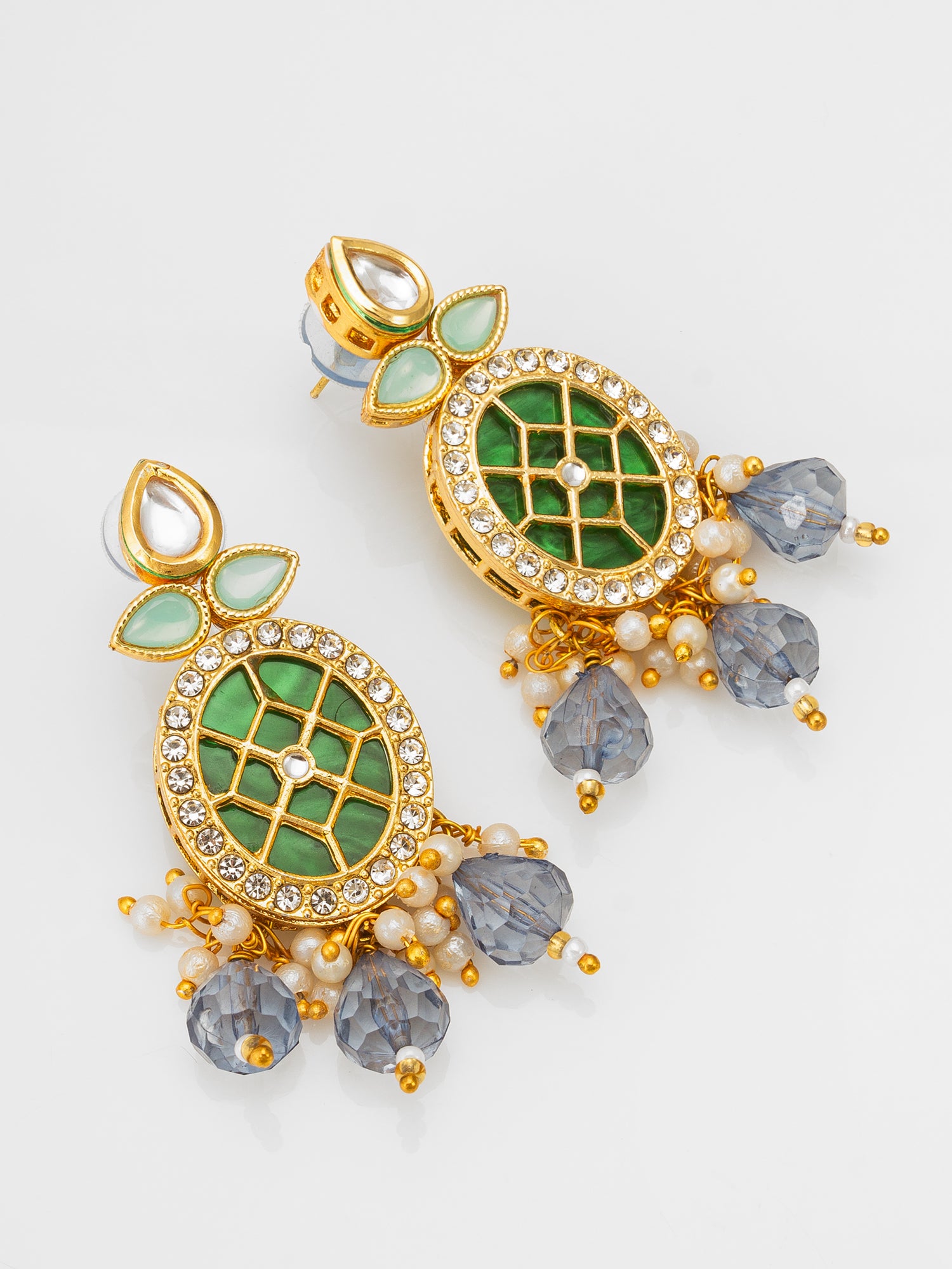Aadita Kundan Choker Necklace Set with Green Meenakari Pendant and Grey Crystal Drops
