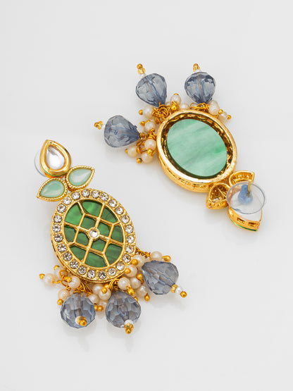 Aadita Kundan Choker Necklace Set with Green Meenakari Pendant and Grey Crystal Drops