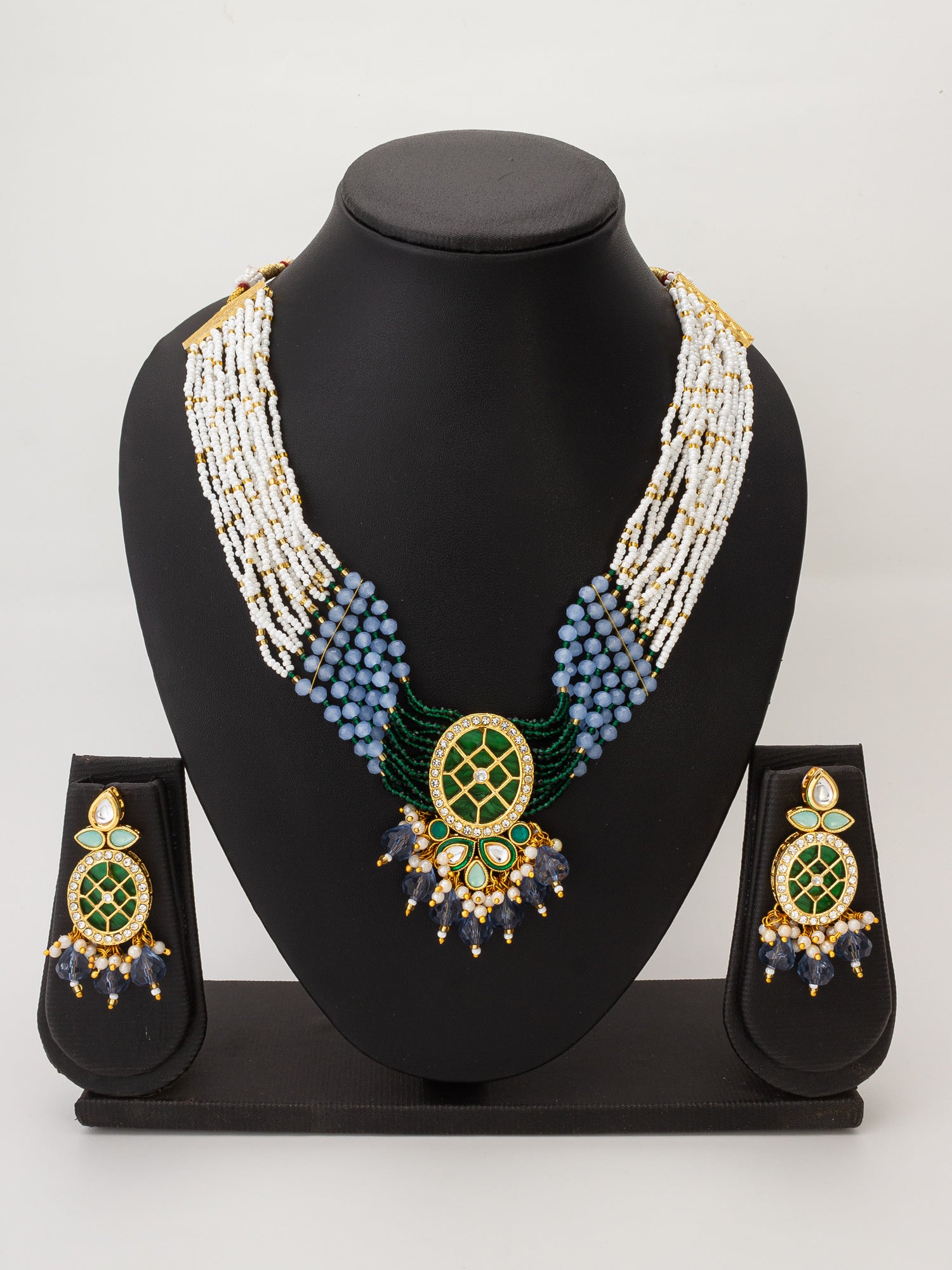Aadita Kundan Choker Necklace Set with Green Meenakari Pendant and Grey Crystal Drops