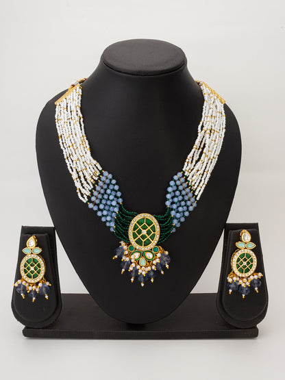 Aadita Kundan Choker Necklace Set with Green Meenakari Pendant and Grey Crystal Drops