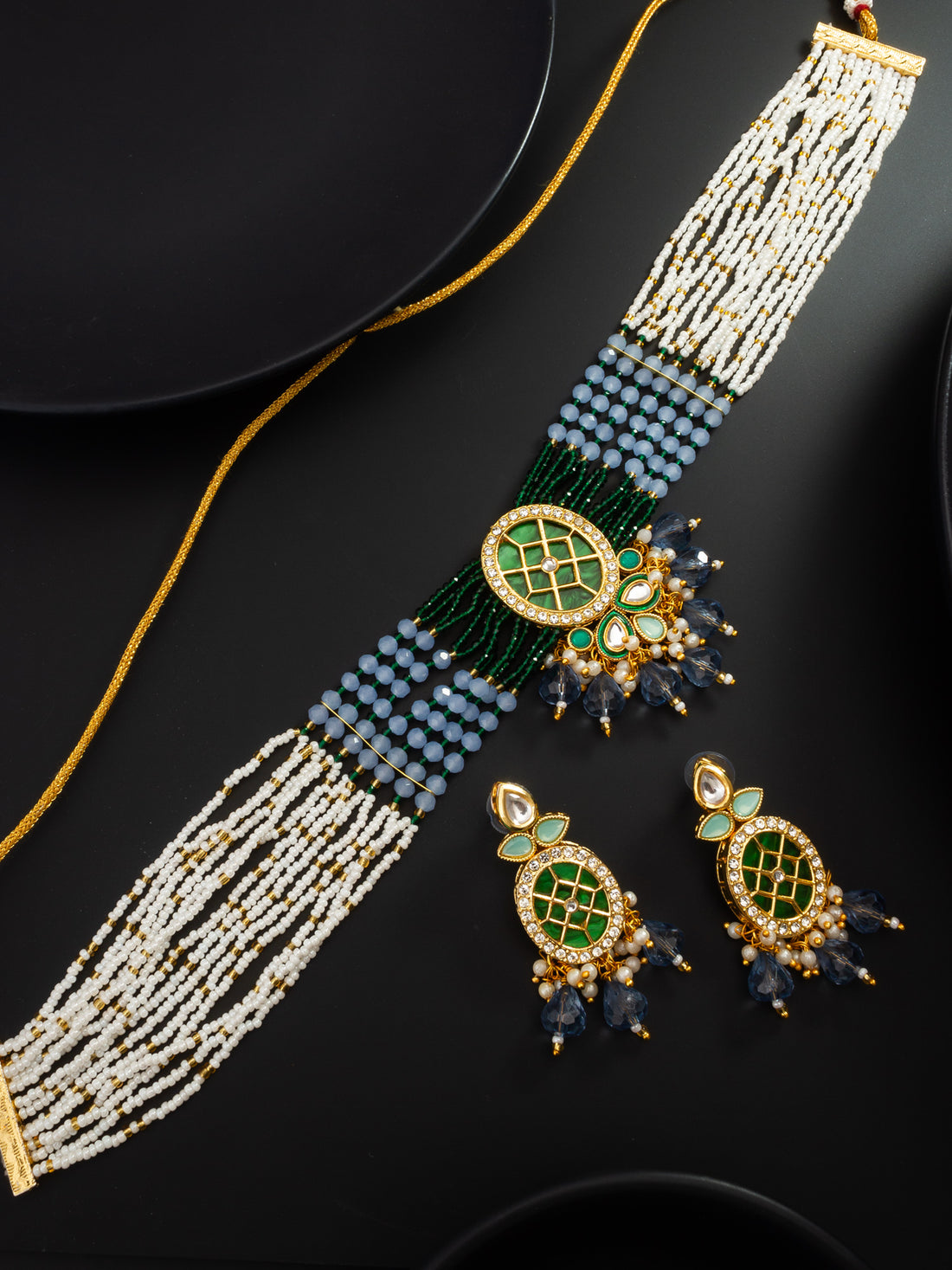 Kundan Choker Necklace Set with Green Meenakari Pendant, Crystal Drops