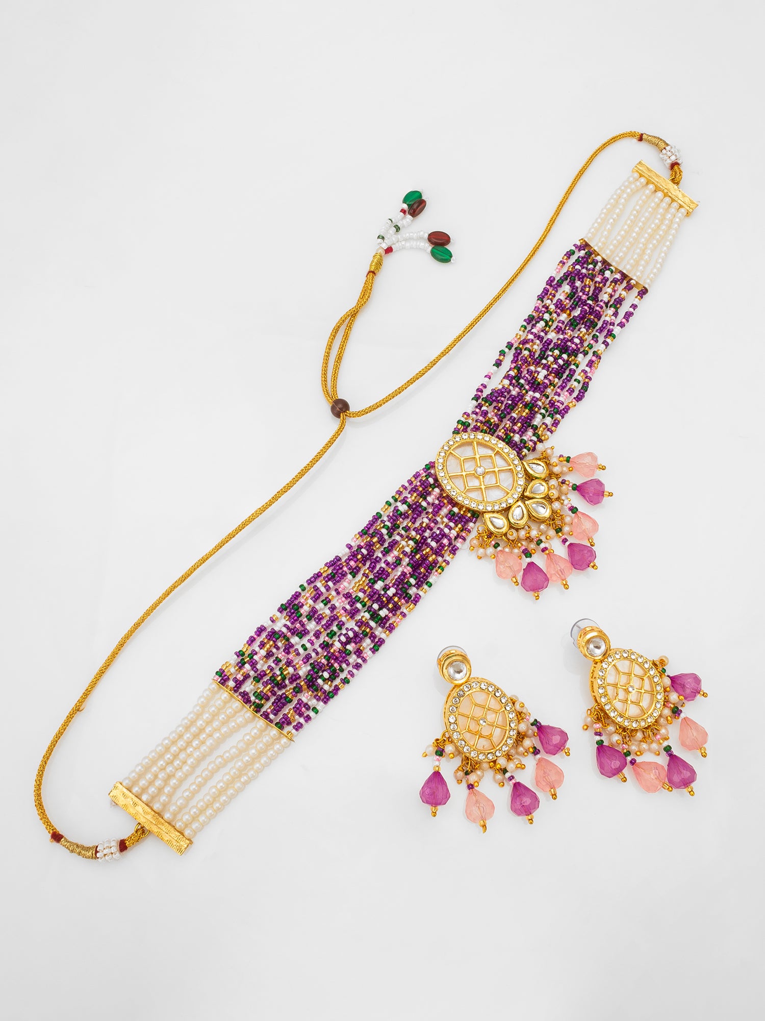 Aadita Kundan Choker Necklace Set with Purple Multi-Strand Beaded Band and Pink Crystal Drop Earrings