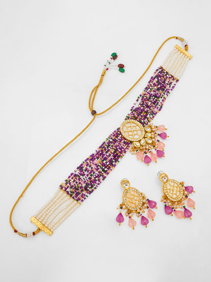 Aadita Kundan Choker Necklace Set with Purple Multi-Strand Beaded Band and Pink Crystal Drop Earrings