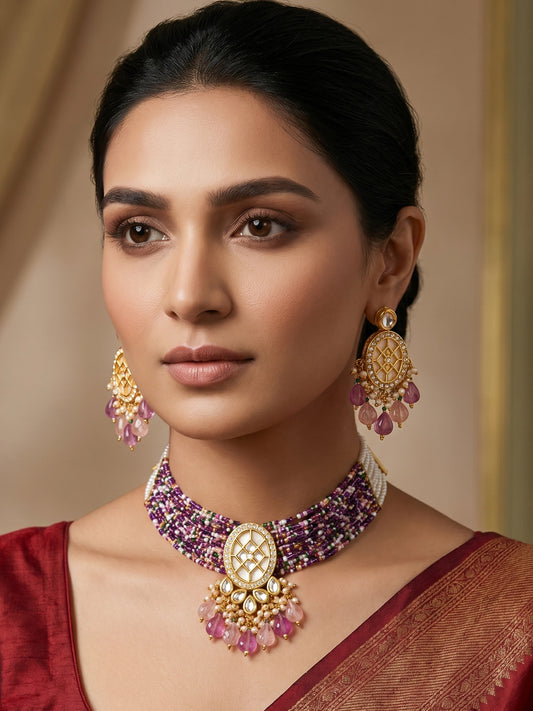 Aadita Kundan Choker Necklace Set with Purple Multi-Strand Beaded Band and Pink Crystal Drop Earrings