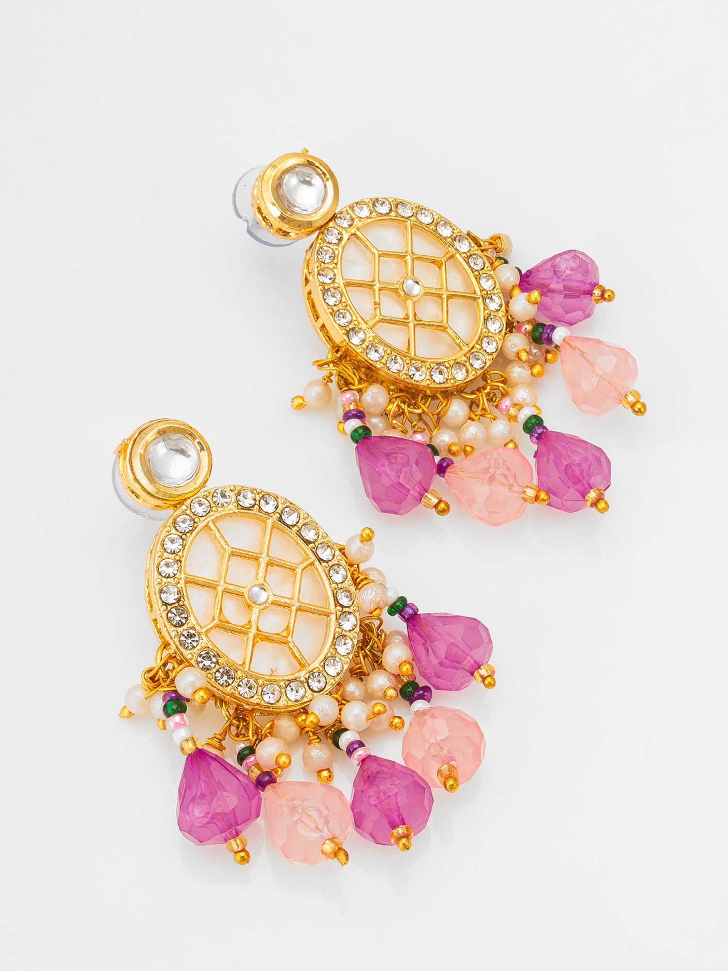 Aadita Kundan Choker Necklace Set with Purple Multi-Strand Beaded Band and Pink Crystal Drop Earrings
