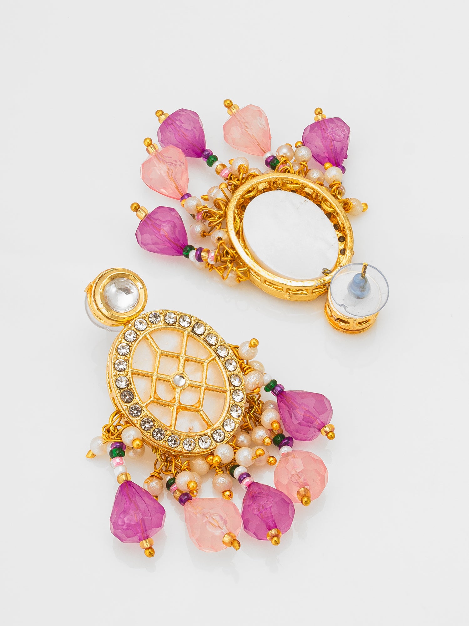 Aadita Kundan Choker Necklace Set with Purple Multi-Strand Beaded Band and Pink Crystal Drop Earrings