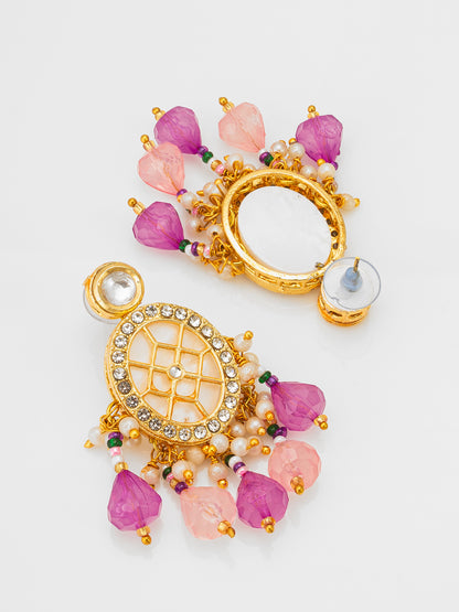 Aadita Kundan Choker Necklace Set with Purple Multi-Strand Beaded Band and Pink Crystal Drop Earrings