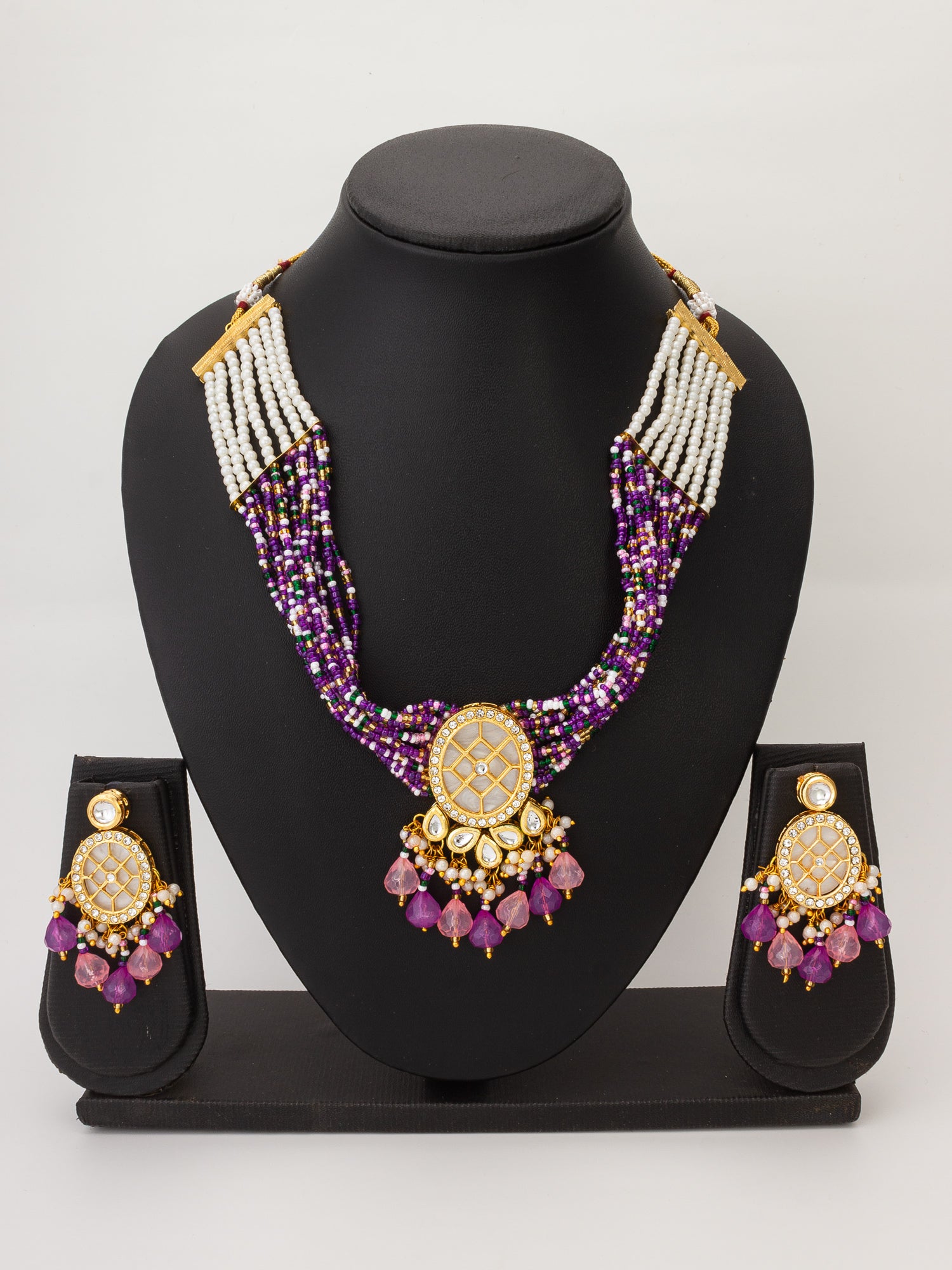Aadita Kundan Choker Necklace Set with Purple Multi-Strand Beaded Band and Pink Crystal Drop Earrings