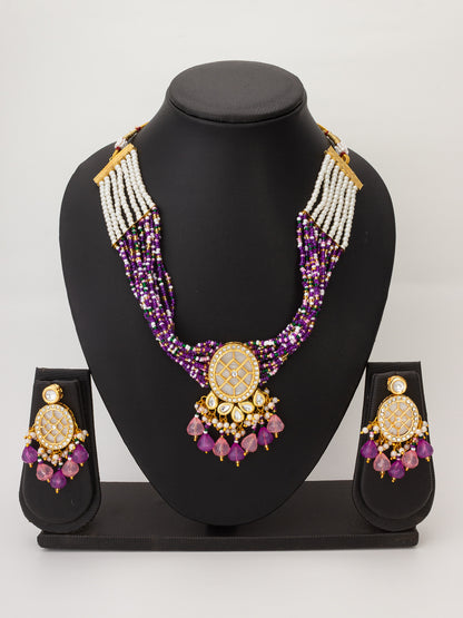 Aadita Kundan Choker Necklace Set with Purple Multi-Strand Beaded Band and Pink Crystal Drop Earrings