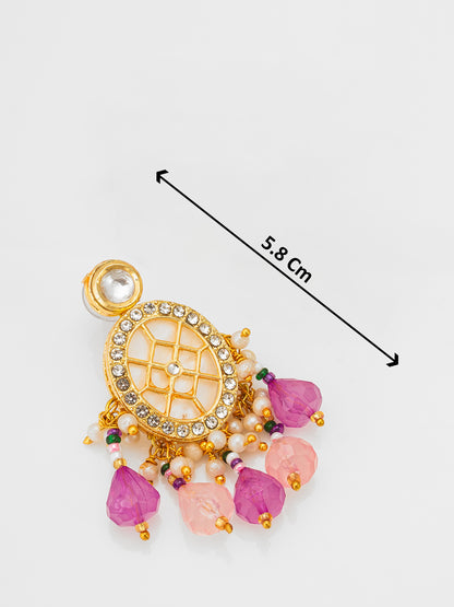 Aadita Kundan Choker Necklace Set with Purple Multi-Strand Beaded Band and Pink Crystal Drop Earrings