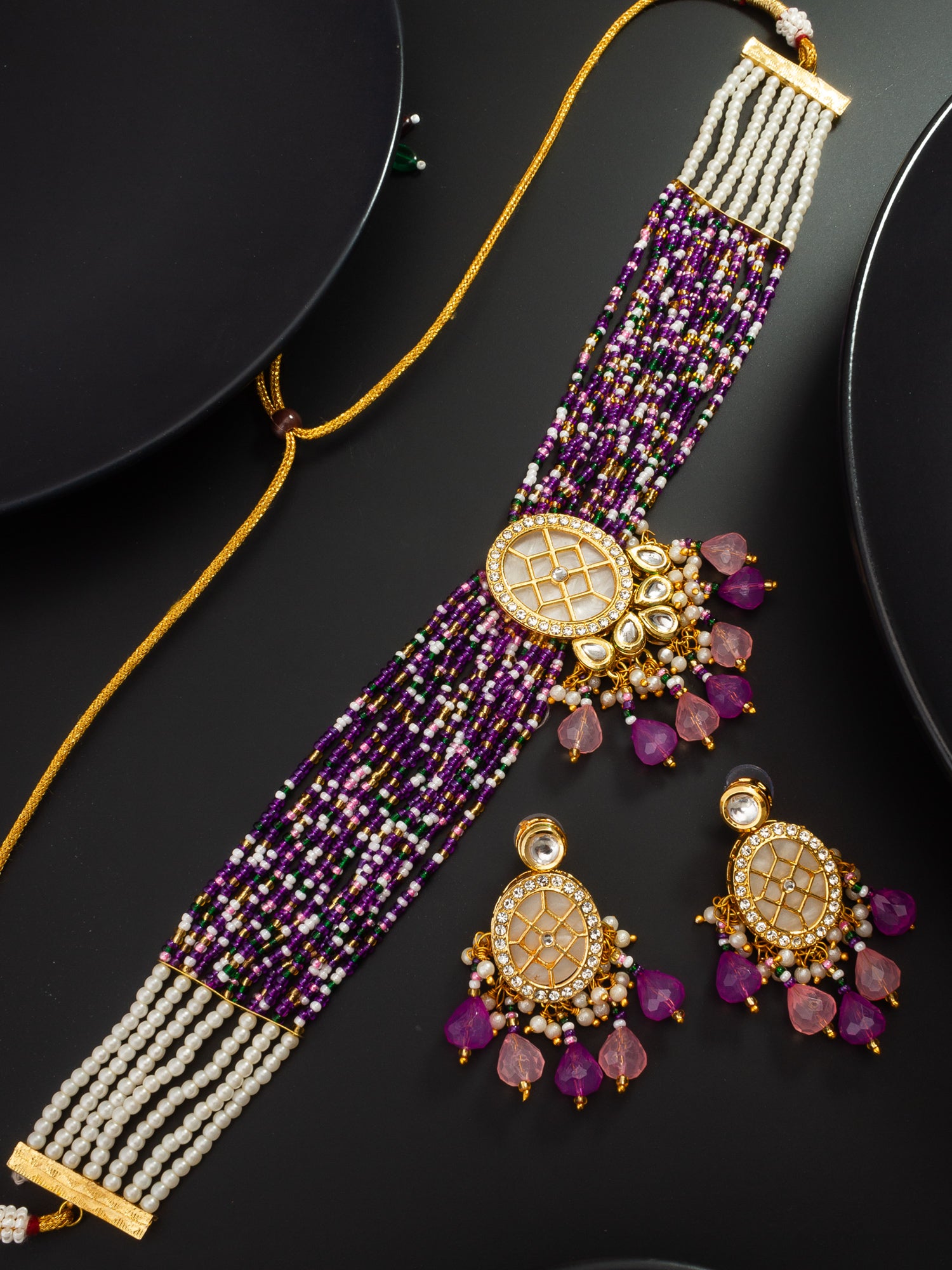Aadita Kundan Choker Necklace Set with Purple Multi-Strand Beaded Band and Pink Crystal Drop Earrings