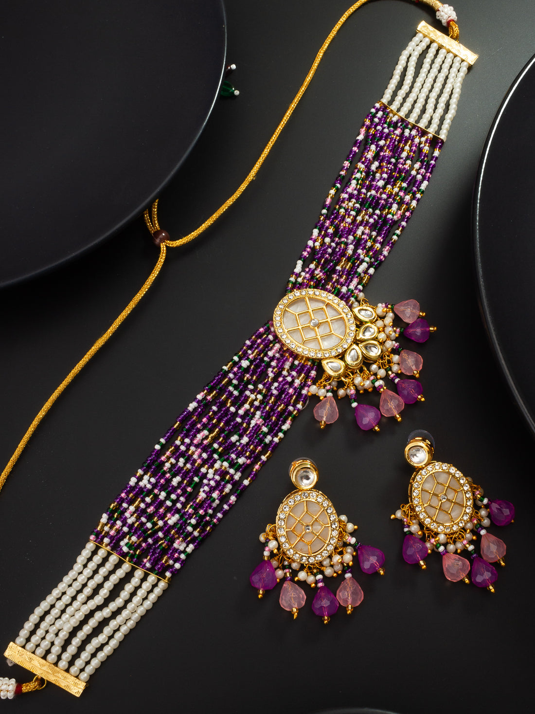Kundan Choker Necklace Set with Purple Beaded Band and Crystal Drops