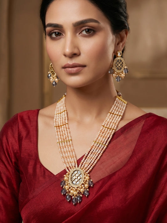 Aadita Kundan Long Pearl Necklace Set with Grey Crystal Drops with Earrings