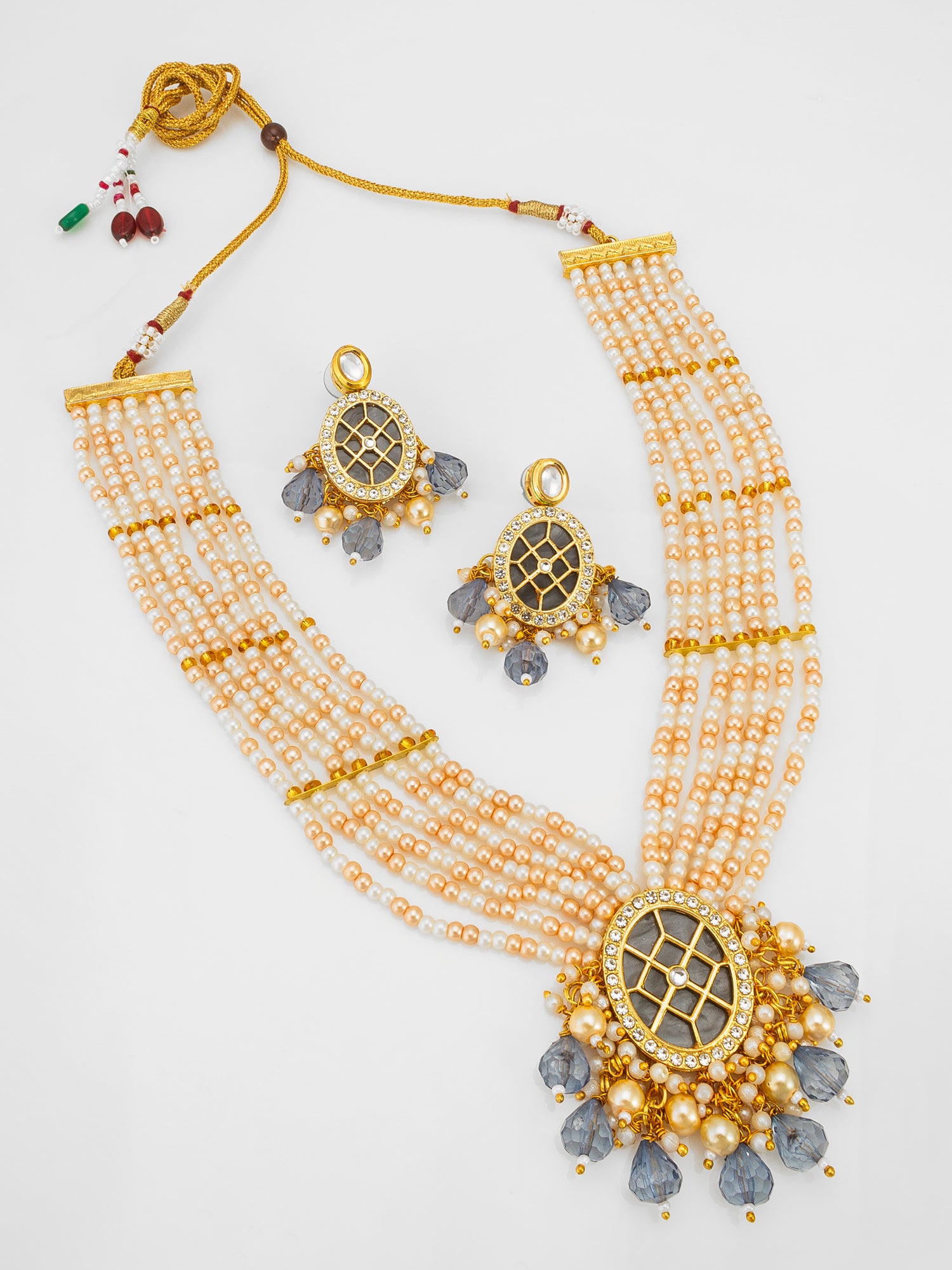 Aadita Kundan Long Pearl Necklace Set with Grey Crystal Drops with Earrings