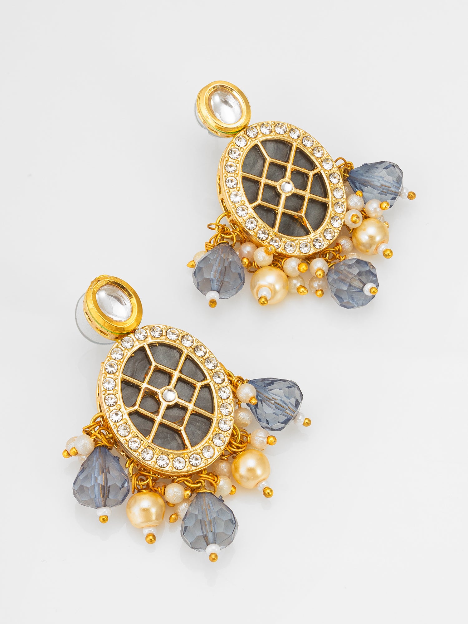 Aadita Kundan Long Pearl Necklace Set with Grey Crystal Drops with Earrings