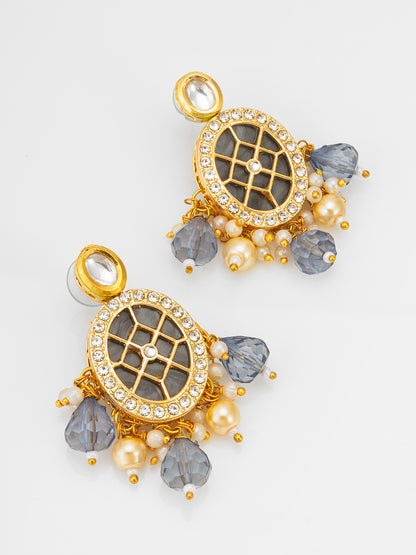 Aadita Kundan Long Pearl Necklace Set with Grey Crystal Drops with Earrings