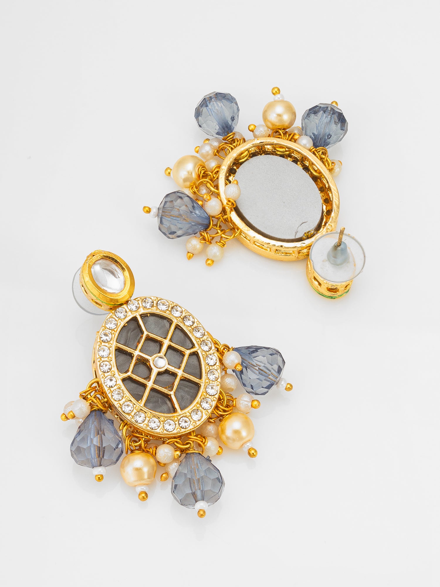 Aadita Kundan Long Pearl Necklace Set with Grey Crystal Drops with Earrings