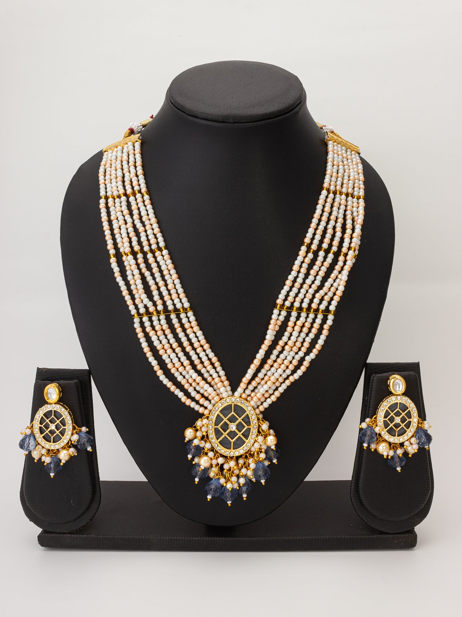 Aadita Kundan Long Pearl Necklace Set with Grey Crystal Drops with Earrings