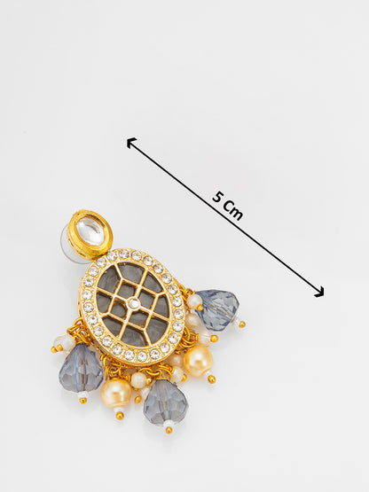 Aadita Kundan Long Pearl Necklace Set with Grey Crystal Drops with Earrings