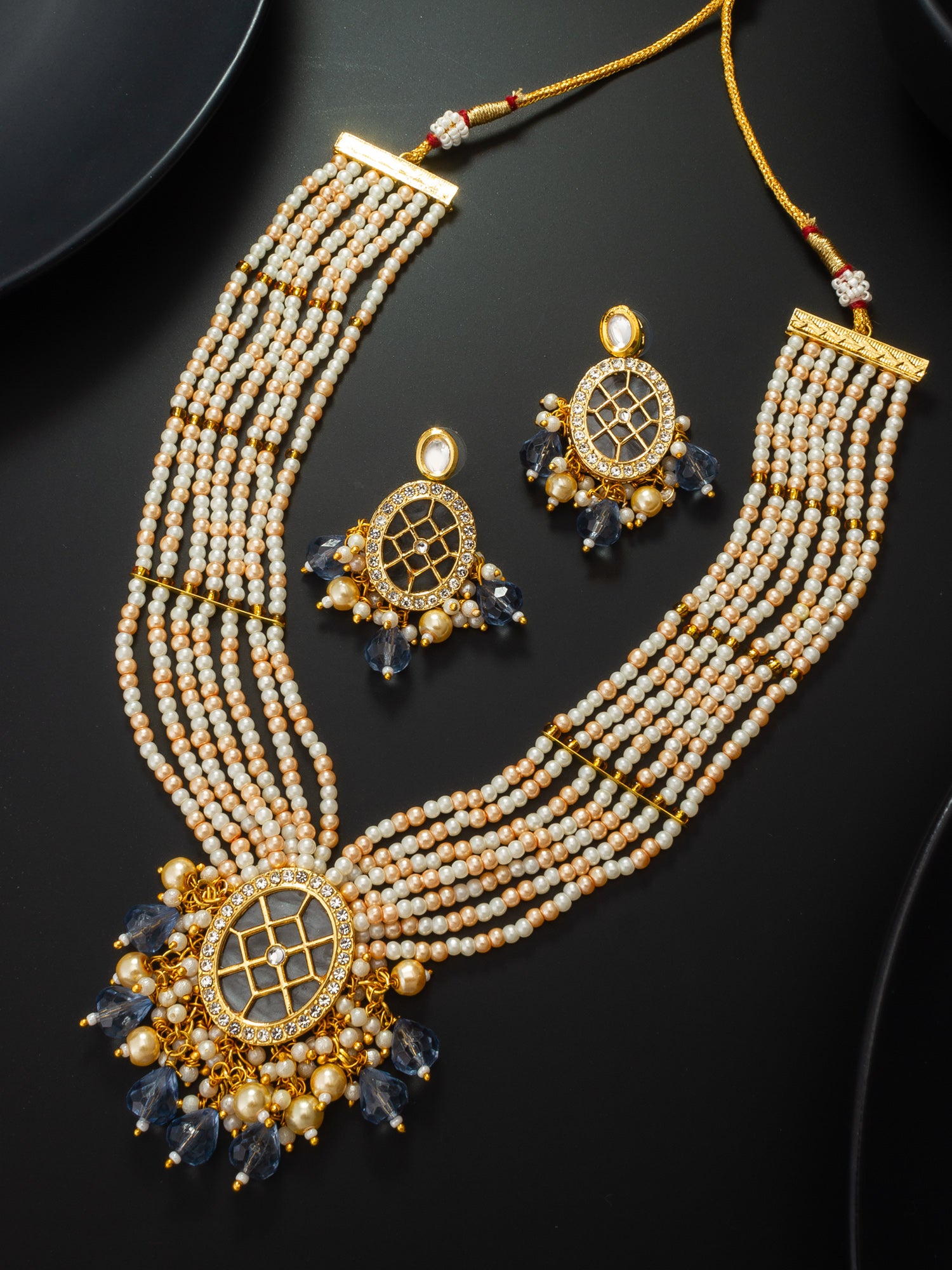 Aadita Kundan Long Pearl Necklace Set with Grey Crystal Drops with Earrings