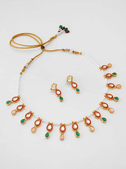 Aadita Pearl Bead Necklace set with Multi-Color Kundan Teardrop Pendants