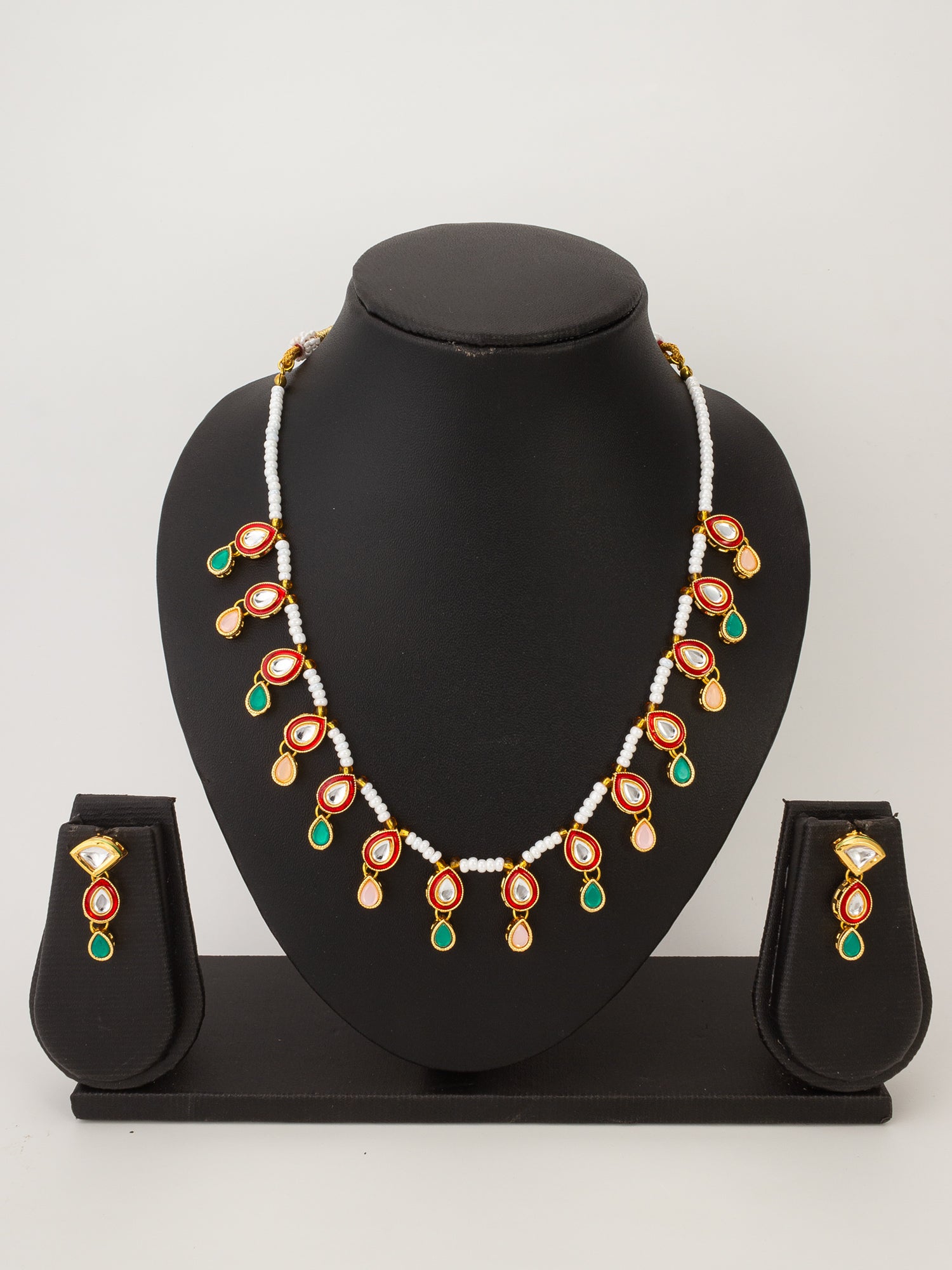 Aadita Pearl Bead Necklace set with Multi-Color Kundan Teardrop Pendants
