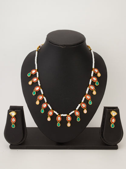 Aadita Pearl Bead Necklace set with Multi-Color Kundan Teardrop Pendants