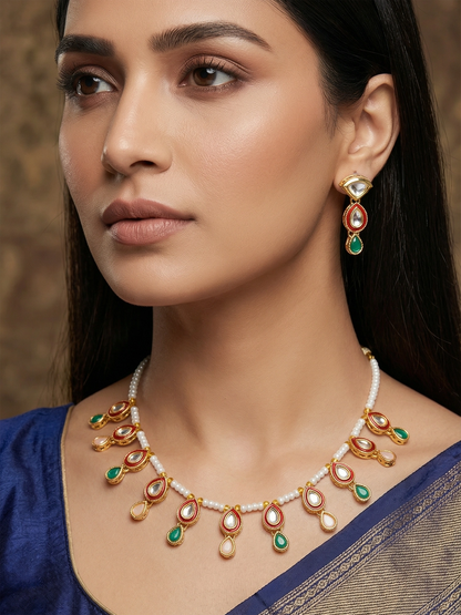 Aadita Pearl Bead Necklace set with Multi-Color Kundan Teardrop Pendants