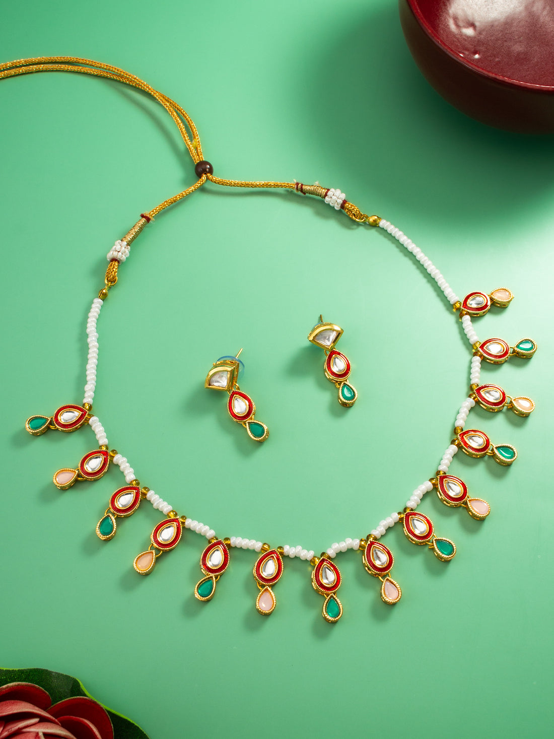 Pearl Bead Necklace set with Multi-Color Kundan Teardrop Pendants