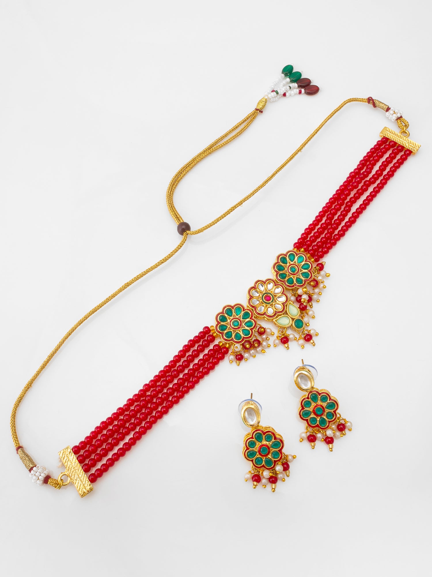 Aadita Ruby Red Bead Choker with Floral Kundan Motif Set