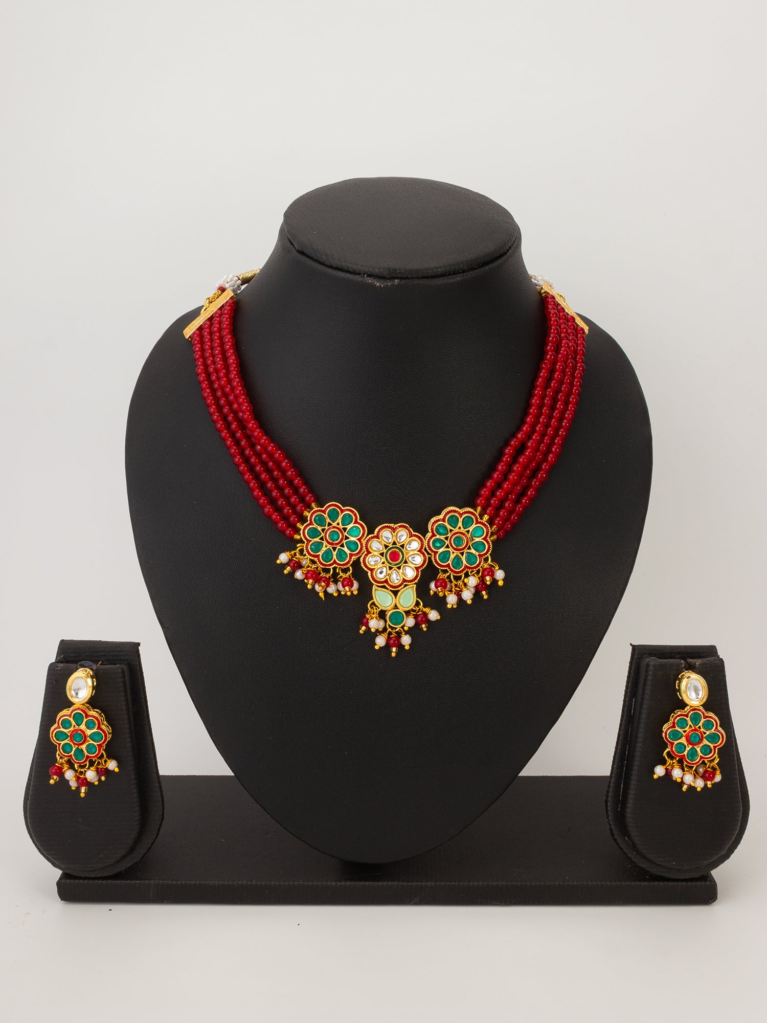 Aadita Ruby Red Bead Choker with Floral Kundan Motif Set