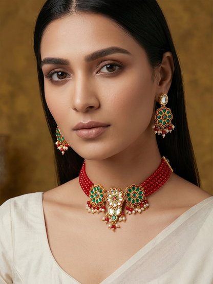 Aadita Ruby Red Bead Choker with Floral Kundan Motif Set