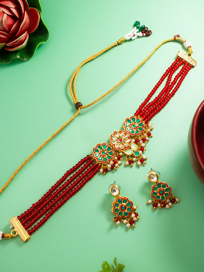 Aadita Ruby Red Bead Choker with Floral Kundan Motif Set