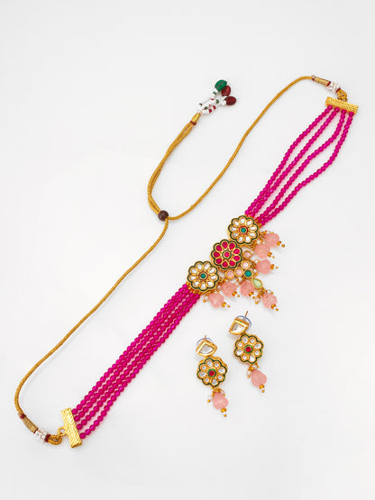 Aadita Magenta Bead Choker with Kundan Floral Design and Peach Accents